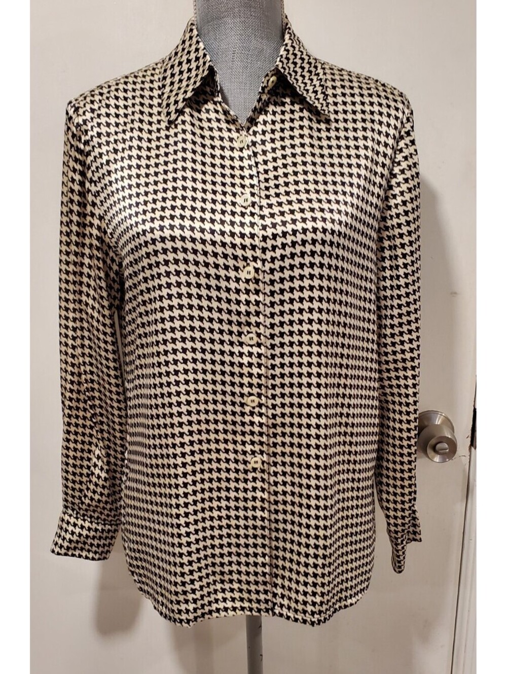 Kasper A.S.L. Size 6 P Black White Houndstooth Button Up Shirt Top Vintage 80s
